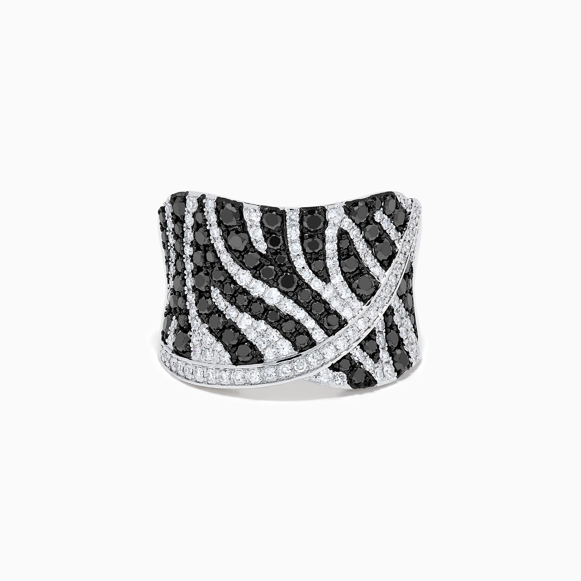The 14K White Gold Black and White Diamond Zebra Print Ring features a wide, curved band with a striking black and white diamond stripe pattern set in sparkling white gold.