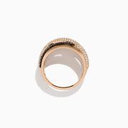 The 14K Rose Gold Brown and White Diamond Crossover Ring showcases interwoven bands accented with sparkling white diamonds and rich brown gemstones, creating a stunning layered and elegant look.