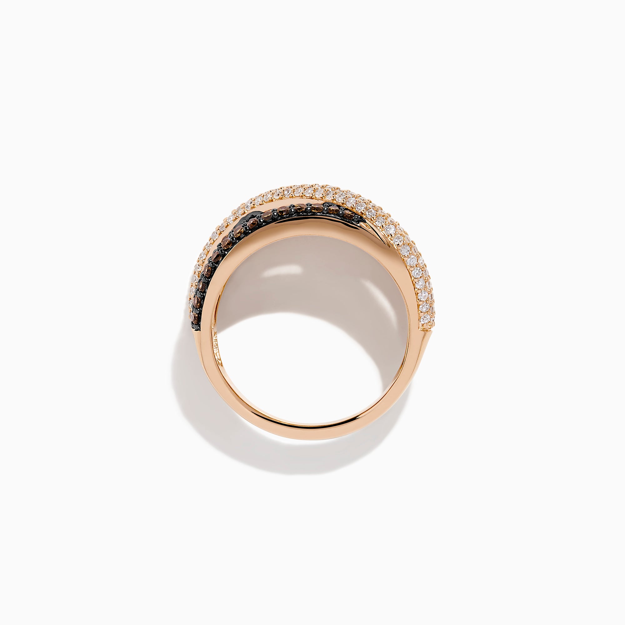 The 14K Rose Gold Brown and White Diamond Crossover Ring showcases interwoven bands accented with sparkling white diamonds and rich brown gemstones, creating a stunning layered and elegant look.