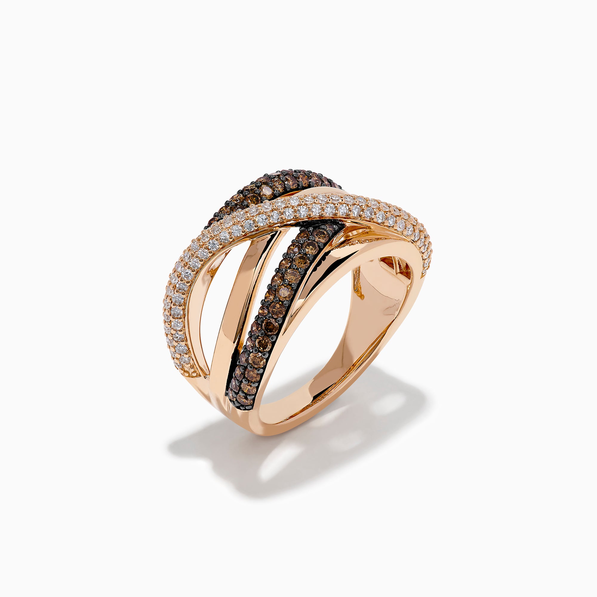 The 14K Rose Gold Brown and White Diamond Crossover Ring showcases interwoven bands accented with sparkling white diamonds and rich brown gemstones, creating a stunning layered and elegant look.
