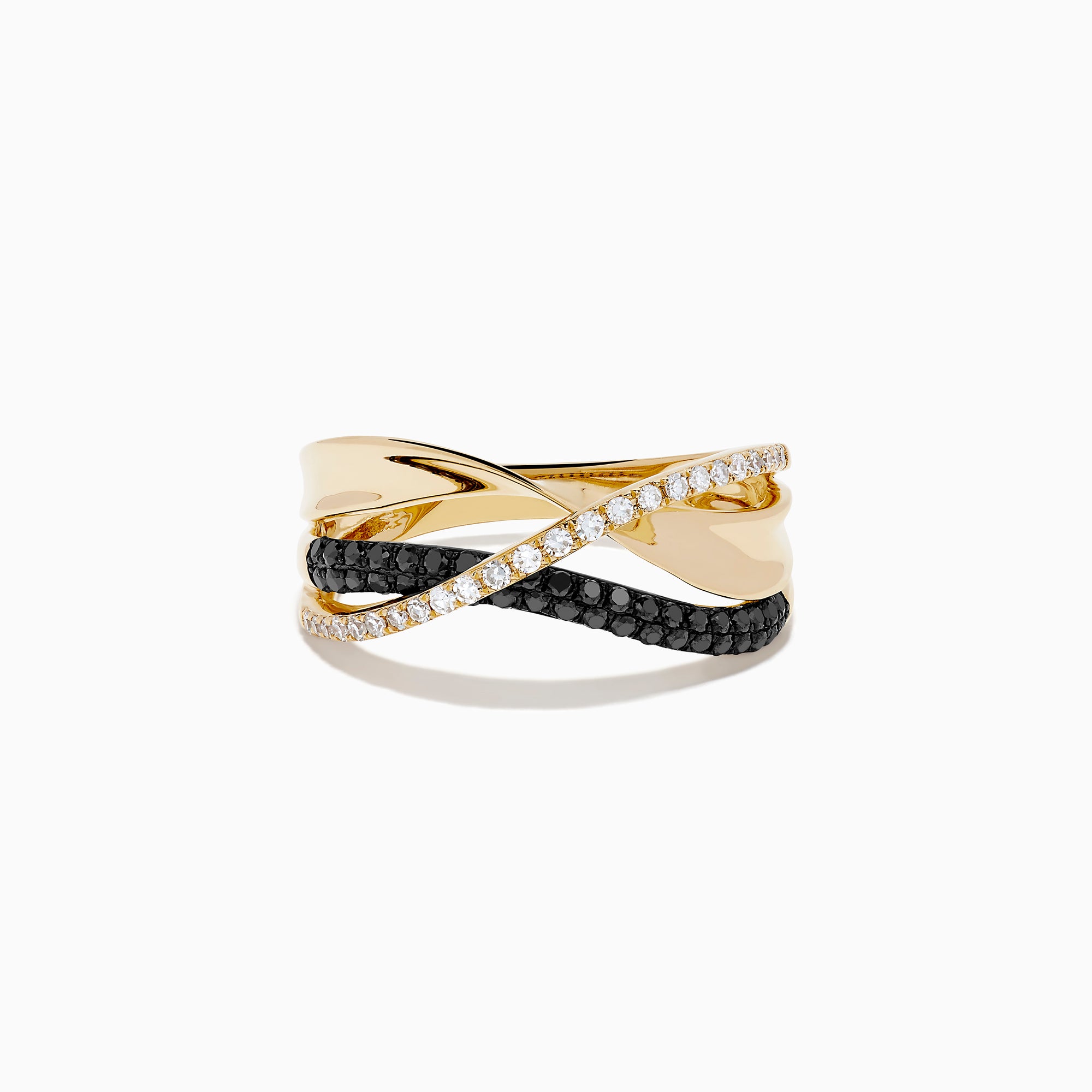 The 14K Yellow Gold Black and White Diamond Crossover Ring features three intertwined bands: a polished gold band, a black and white diamond band, and a clear diamond wave-patterned band.