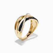 The 14K Yellow Gold Black and White Diamond Crossover Ring features three intertwined bands: a polished gold band, a black and white diamond band, and a clear diamond wave-patterned band.
