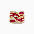 The 14K Yellow Gold Ruby and Diamond Crossover Ring showcases interwoven rows of rectangular red rubies and round white diamonds in a wavy, braided design across the band.