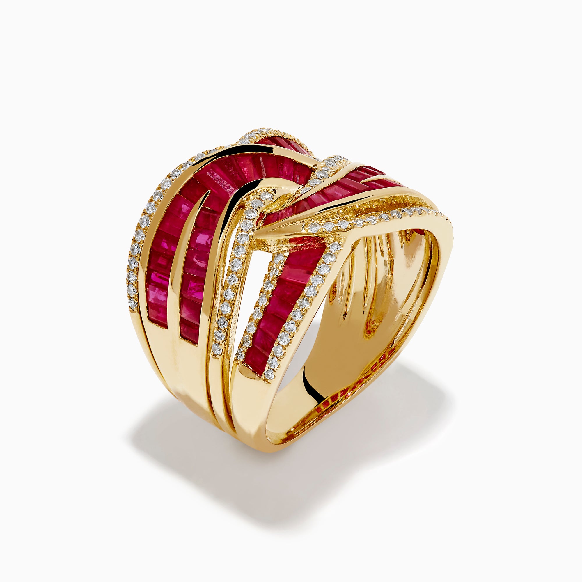 The 14K Yellow Gold Ruby and Diamond Crossover Ring showcases interwoven rows of rectangular red rubies and round white diamonds in a wavy, braided design across the band.
