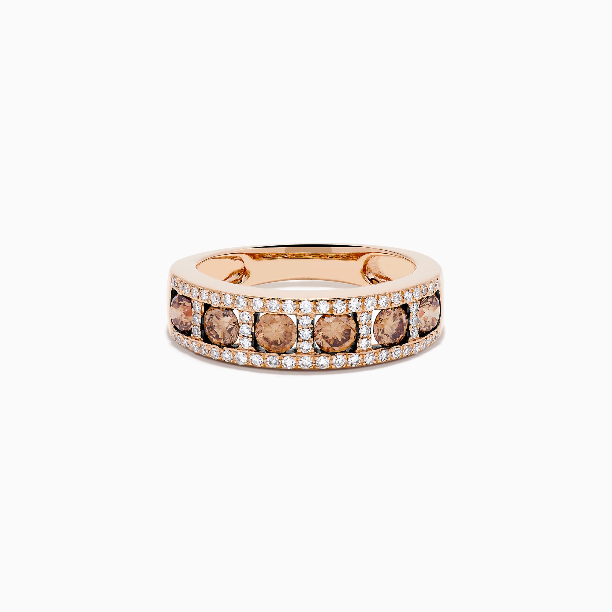 The 14K Rose Gold Brown and White Diamond Band showcases a center row of round brown gems bordered by two rows of sparkling white diamonds, all set in 14K rose gold and displayed on a white background.