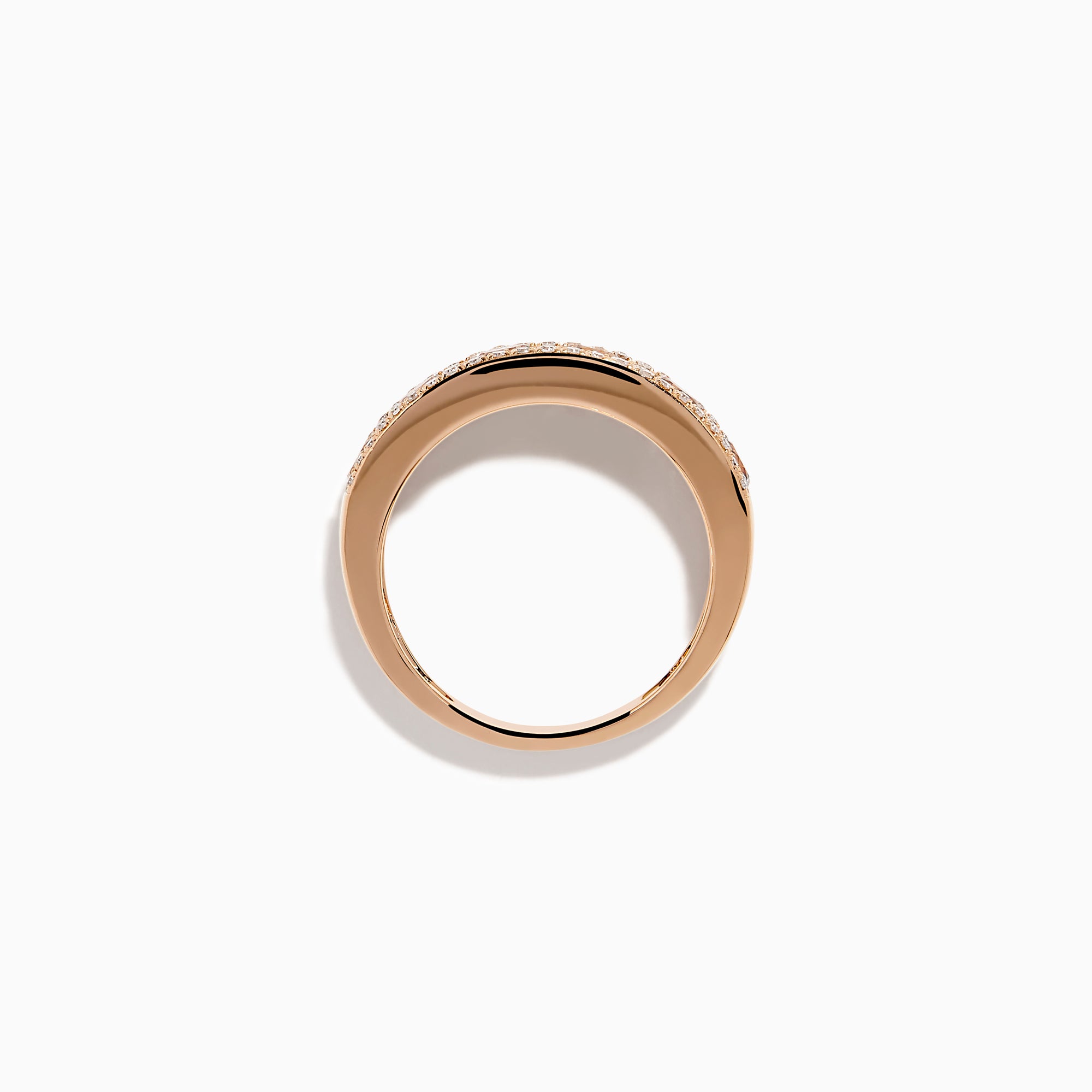 The 14K Rose Gold Brown and White Diamond Band showcases a center row of round brown gems bordered by two rows of sparkling white diamonds, all set in 14K rose gold and displayed on a white background.