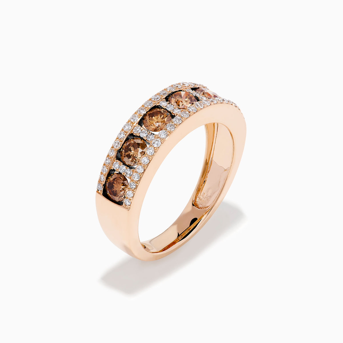 The 14K Rose Gold Brown and White Diamond Band showcases a center row of round brown gems bordered by two rows of sparkling white diamonds, all set in 14K rose gold and displayed on a white background.