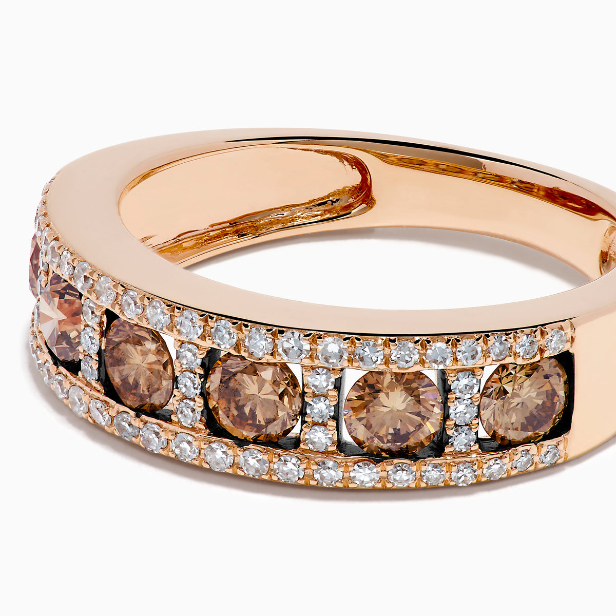 The 14K Rose Gold Brown and White Diamond Band showcases a center row of round brown gems bordered by two rows of sparkling white diamonds, all set in 14K rose gold and displayed on a white background.
