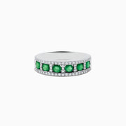 The Brasilica 14K White Gold Emerald and Diamond Ring features a center row of round emeralds bordered by sparkling diamonds along the top and bottom edges.