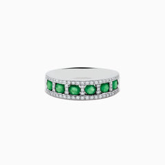 The Brasilica 14K White Gold Emerald and Diamond Ring features a center row of round emeralds bordered by sparkling diamonds along the top and bottom edges.