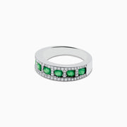 The Brasilica 14K White Gold Emerald and Diamond Ring features a center row of round emeralds bordered by sparkling diamonds along the top and bottom edges.