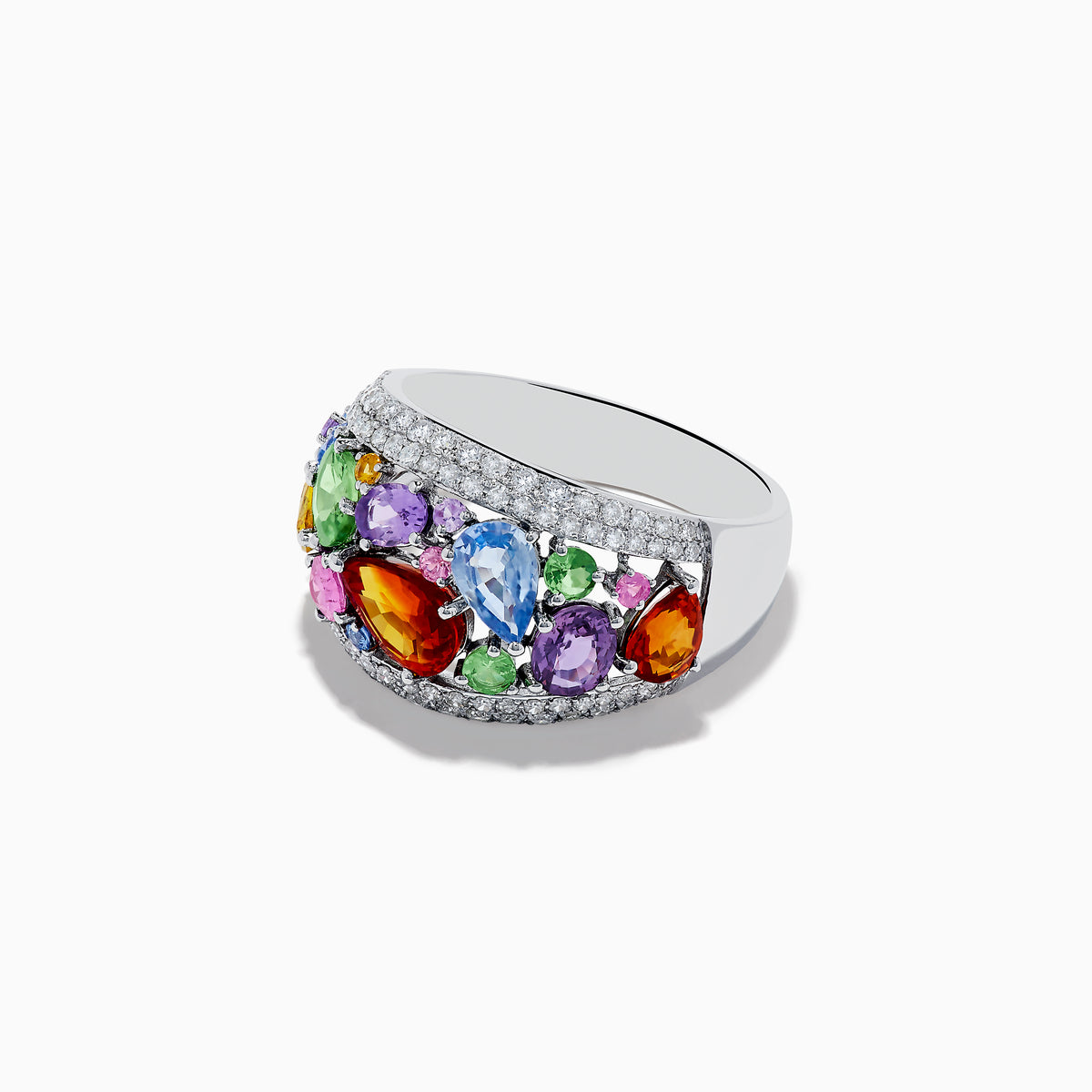 The Watercolors 14K White Gold Multi Sapphire and Diamond Ring features a wide band encrusted with diamonds and adorned with sapphires in vibrant blue, green, red, purple, pink, orange, and yellow hues of various shapes and sizes.