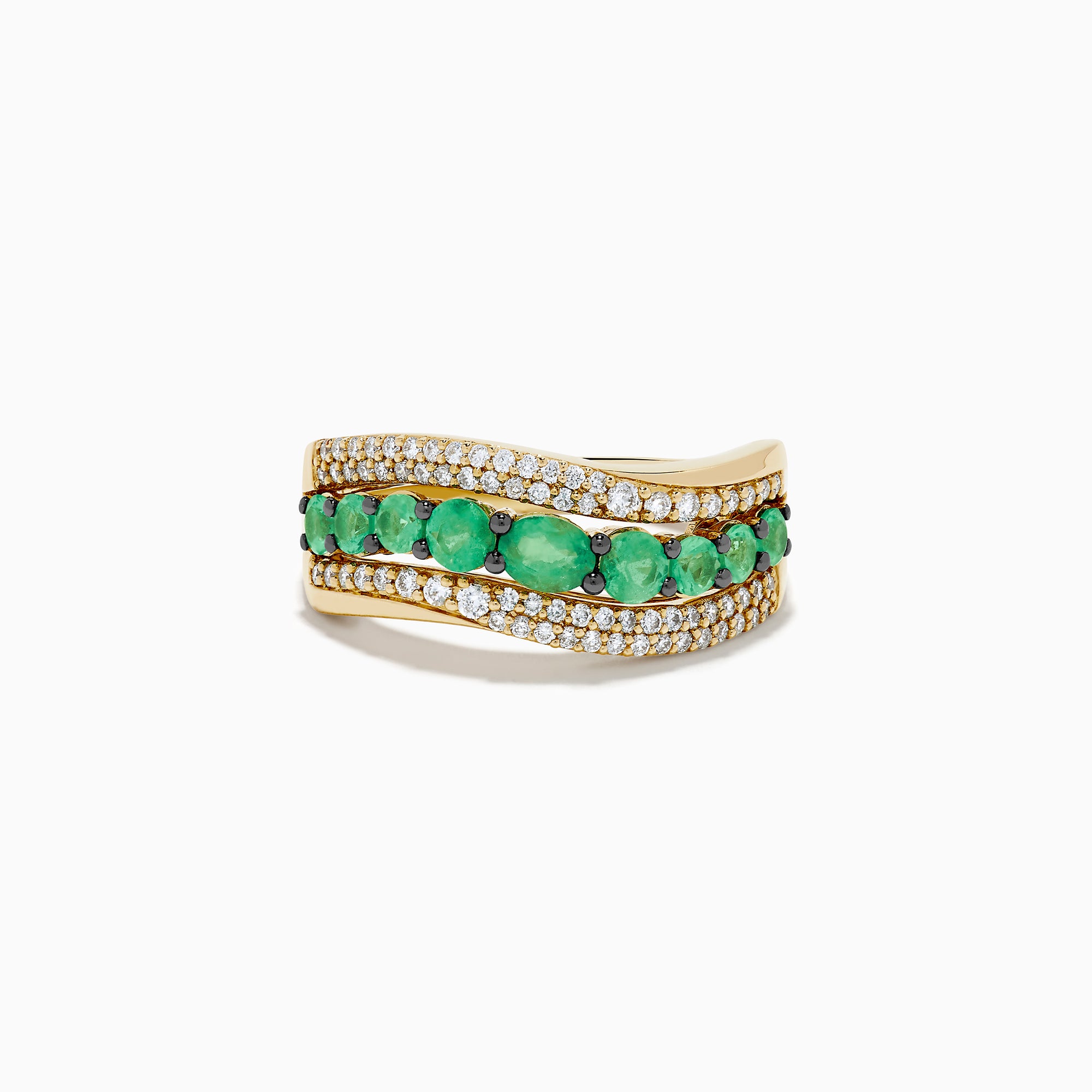 The 14K Yellow Gold Emerald and Diamond Wave Band features a central row of green emeralds bordered by two wavy rows of sparkling white diamonds in an elegant overlapping design.
