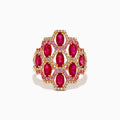 The 14K Rose Gold Ruby, Pink Sapphire, and Diamond Statement Ring showcases a geometric honeycomb design with oval red gemstones and sparkling diamonds, beautifully displayed on a white background.