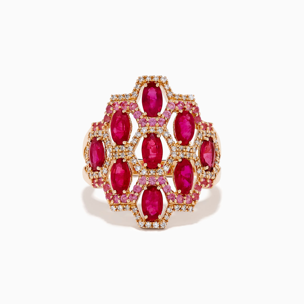 The 14K Rose Gold Ruby, Pink Sapphire, and Diamond Statement Ring showcases a geometric honeycomb design with oval red gemstones and sparkling diamonds, beautifully displayed on a white background.