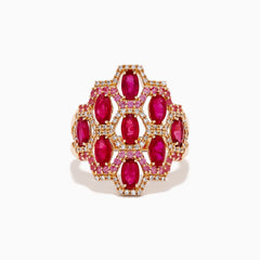 The 14K Rose Gold Ruby, Pink Sapphire, and Diamond Statement Ring showcases a geometric honeycomb design with oval red gemstones and sparkling diamonds, beautifully displayed on a white background.