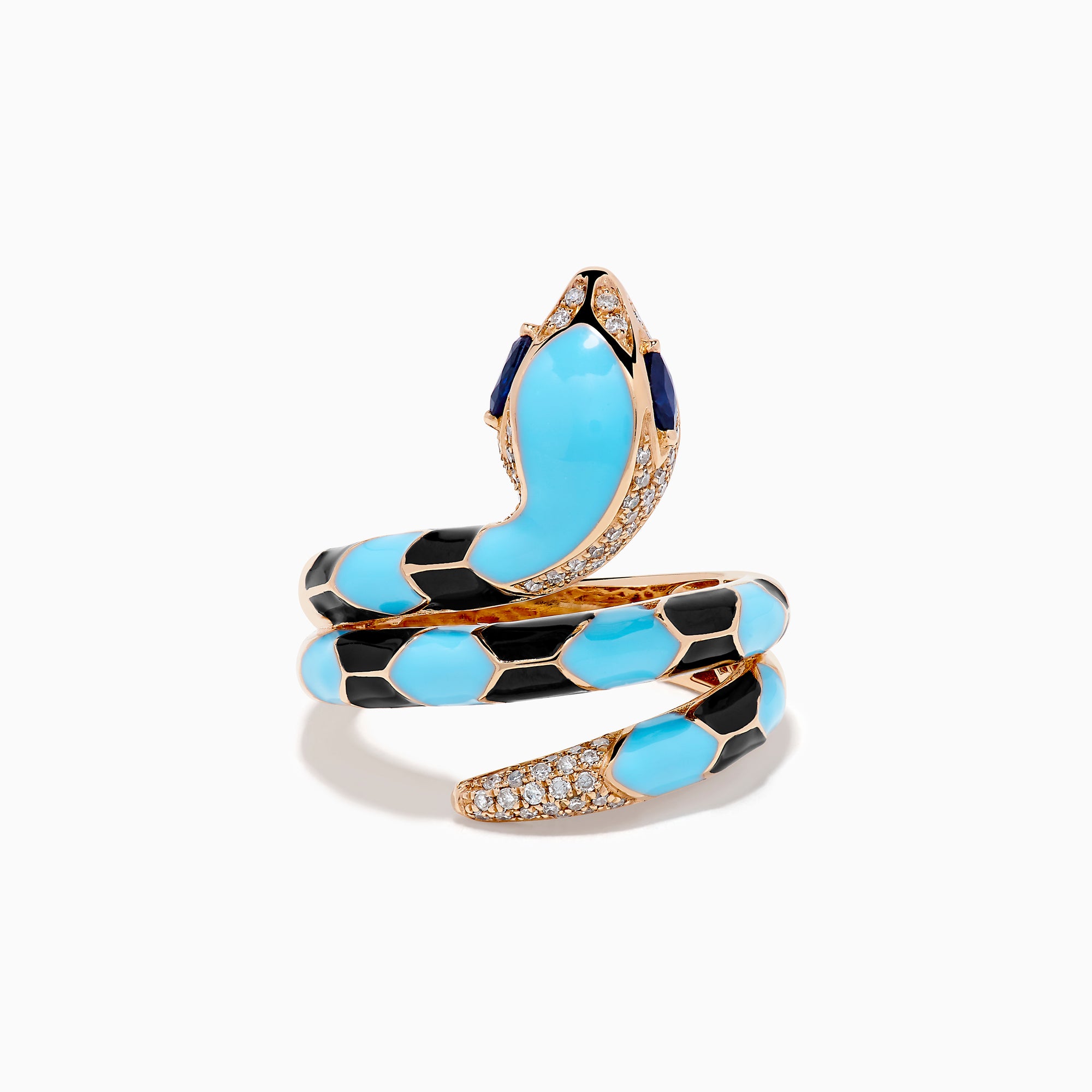 The 14K Rose Gold Diamond, Sapphire, and Enamel Snake Wrap Ring features turquoise and black enamel scales, diamond accents on the head and tail, sapphire eyes, and is displayed on a white background.