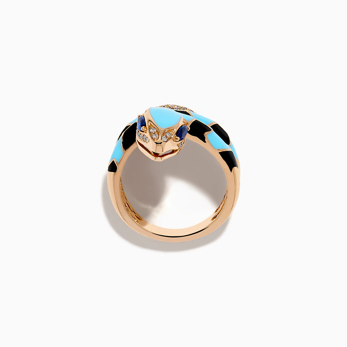 The 14K Rose Gold Diamond, Sapphire, and Enamel Snake Wrap Ring features turquoise and black enamel scales, diamond accents on the head and tail, sapphire eyes, and is displayed on a white background.