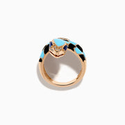 The 14K Rose Gold Diamond, Sapphire, and Enamel Snake Wrap Ring features turquoise and black enamel scales, diamond accents on the head and tail, sapphire eyes, and is displayed on a white background.