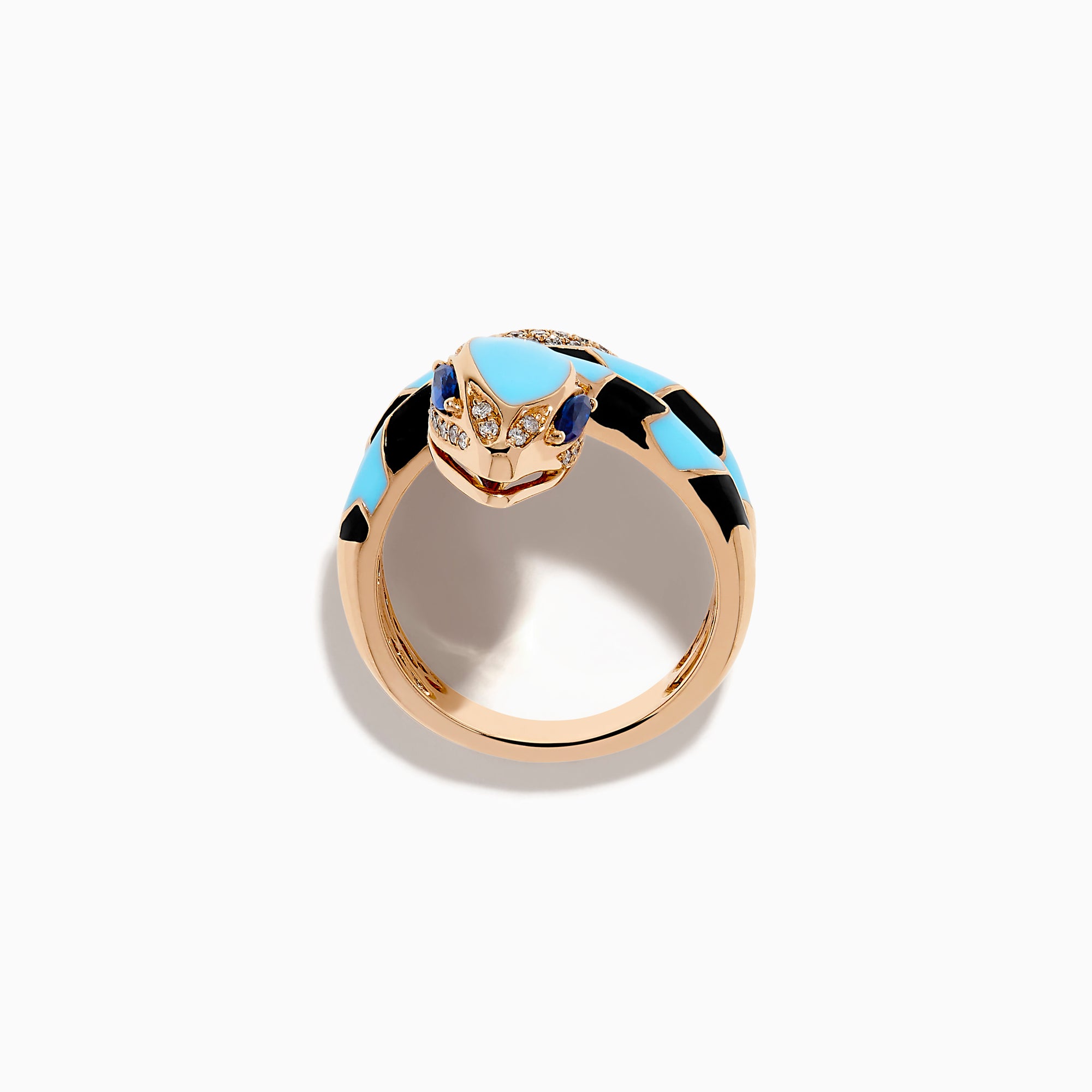 The 14K Rose Gold Diamond, Sapphire, and Enamel Snake Wrap Ring features turquoise and black enamel scales, diamond accents on the head and tail, sapphire eyes, and is displayed on a white background.