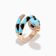 The 14K Rose Gold Diamond, Sapphire, and Enamel Snake Wrap Ring features turquoise and black enamel scales, diamond accents on the head and tail, sapphire eyes, and is displayed on a white background.