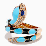 The 14K Rose Gold Diamond, Sapphire, and Enamel Snake Wrap Ring features turquoise and black enamel scales, diamond accents on the head and tail, sapphire eyes, and is displayed on a white background.