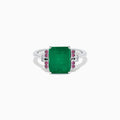 The 14K White Gold Emerald, Pink Sapphire, and Diamond Ring features a vibrant green emerald accented by pink sapphires and diamonds in modern geometric settings for an elegant look.