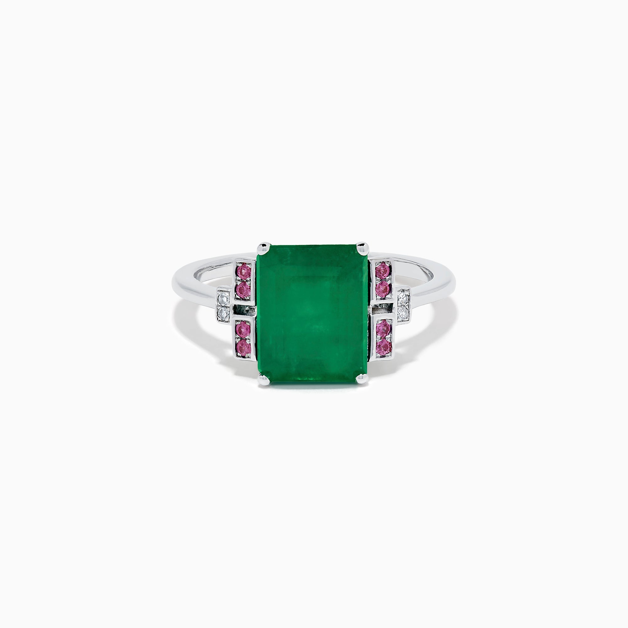 The 14K White Gold Emerald, Pink Sapphire, and Diamond Ring features a vibrant green emerald accented by pink sapphires and diamonds in modern geometric settings for an elegant look.