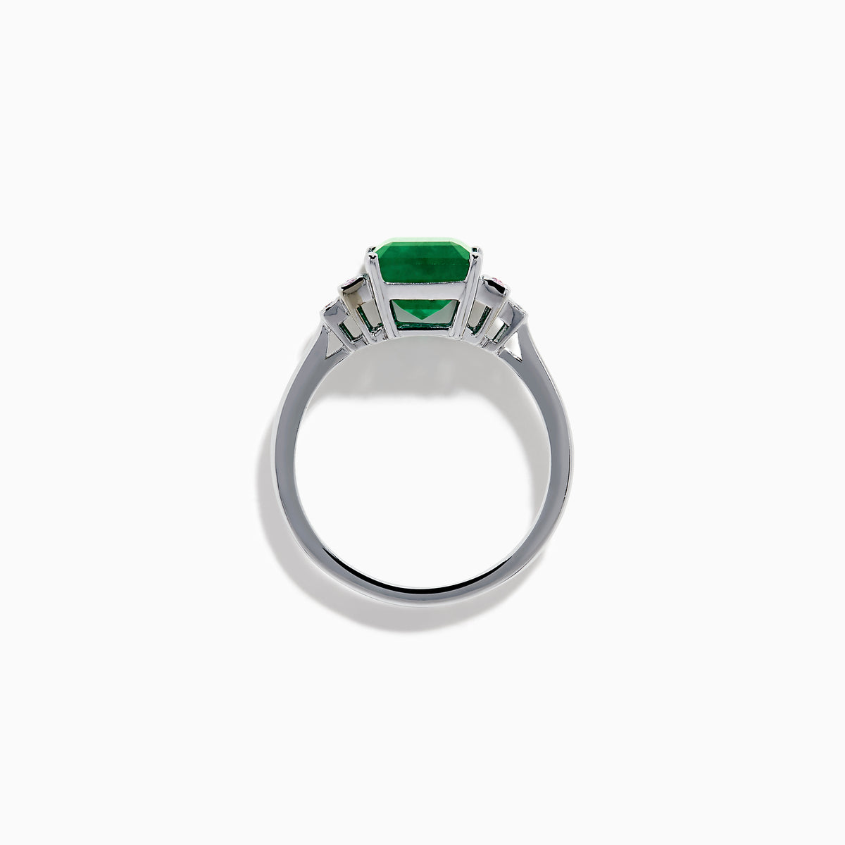 The 14K White Gold Emerald, Pink Sapphire, and Diamond Ring features a vibrant green emerald accented by pink sapphires and diamonds in modern geometric settings for an elegant look.