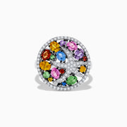 The Watercolors 14K White Gold Diamond and Multi Sapphire Ring showcases a round bird-motif face, adorned with vibrant sapphires and bordered by sparkling diamonds.