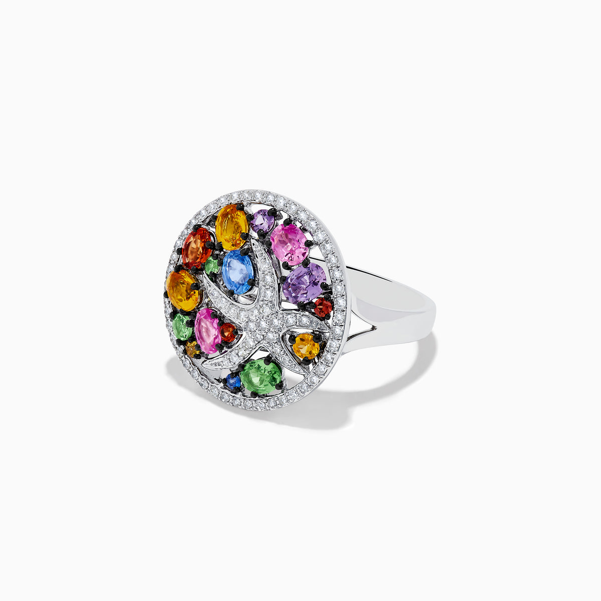 The Watercolors 14K White Gold Diamond and Multi Sapphire Ring showcases a round bird-motif face, adorned with vibrant sapphires and bordered by sparkling diamonds.