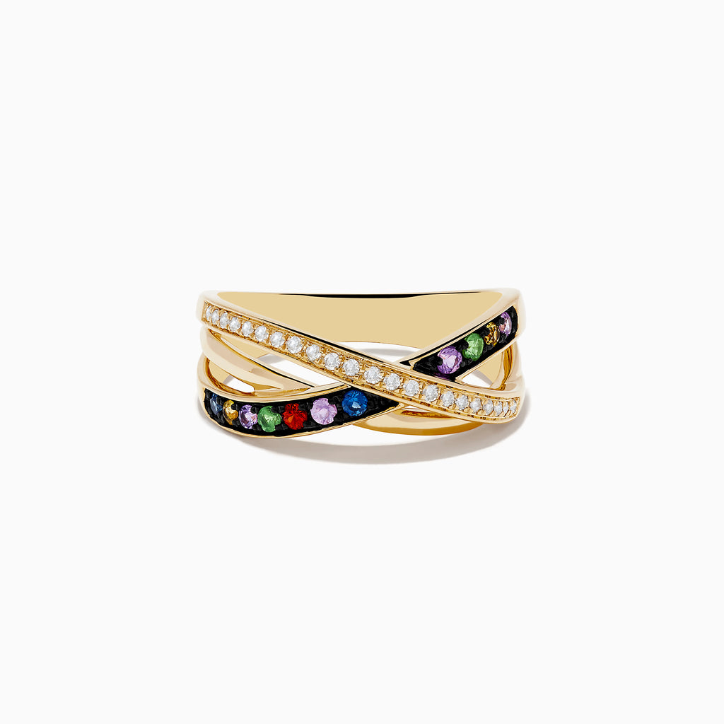 The Watercolors 14K Yellow Gold Multi Sapphire and Diamond Ring features three crisscrossed bands: one with white diamonds, one with colorful sapphires, and one elegantly plain.