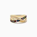 The Watercolors 14K Yellow Gold Multi Sapphire and Diamond Ring features three crisscrossed bands: one with white diamonds, one with colorful sapphires, and one elegantly plain.