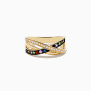 The Watercolors 14K Yellow Gold Multi Sapphire and Diamond Ring features three crisscrossed bands: one with white diamonds, one with colorful sapphires, and one elegantly plain.