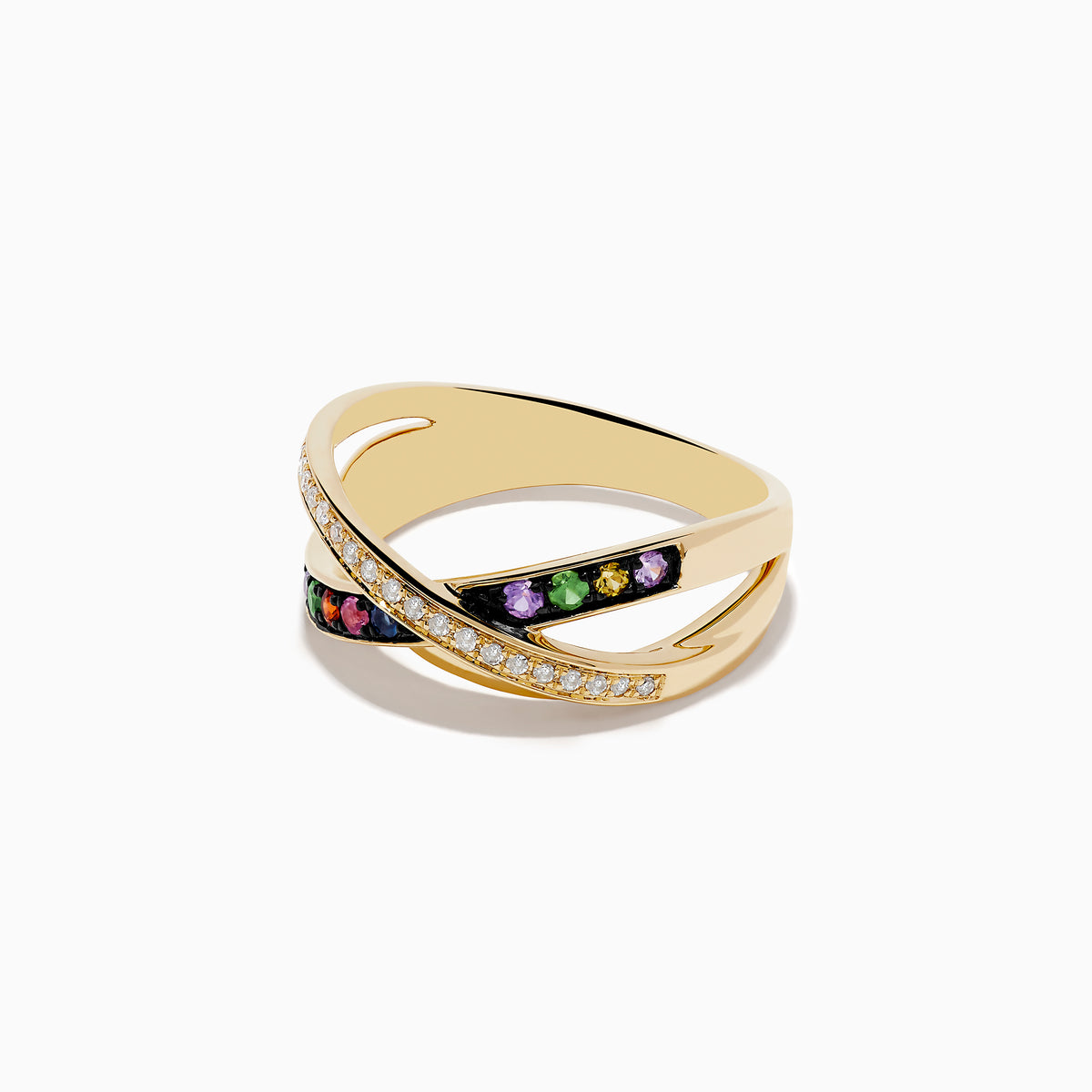 The Watercolors 14K Yellow Gold Multi Sapphire and Diamond Ring features three crisscrossed bands: one with white diamonds, one with colorful sapphires, and one elegantly plain.