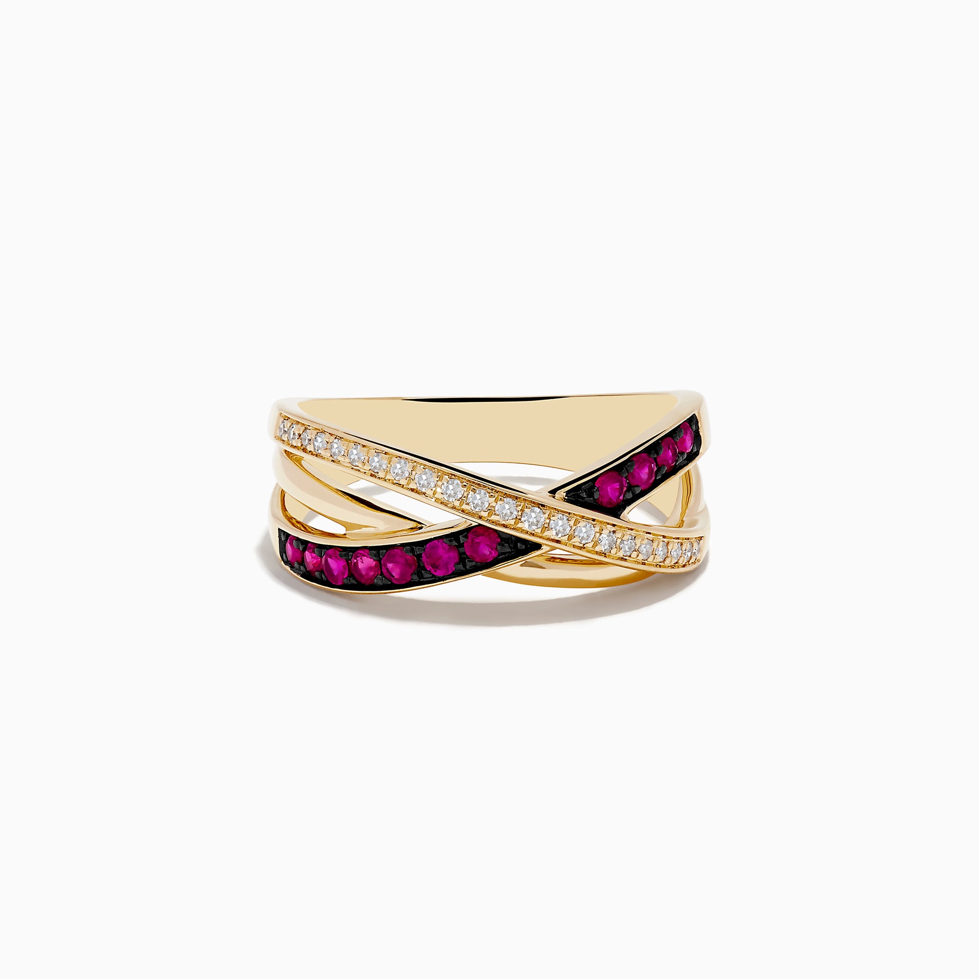 The Ruby Royale 14K Yellow Gold Ruby and Diamond Crossover Band features three crisscrossing bands: one in polished gold, one with round rubies, and one adorned with sparkling diamonds.