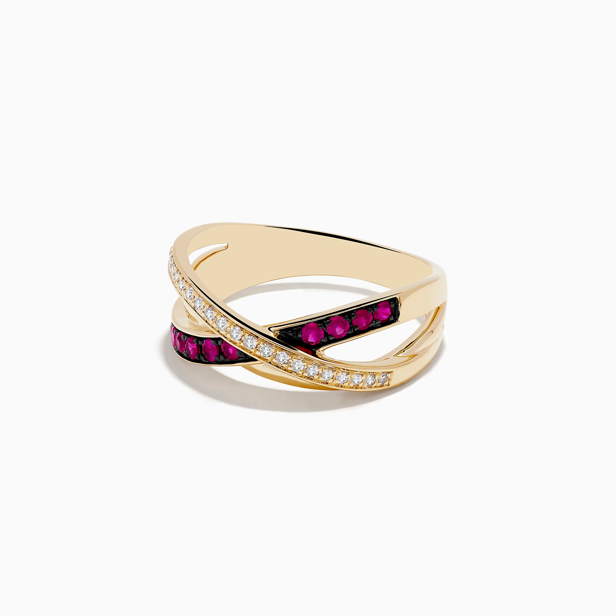 The Ruby Royale 14K Yellow Gold Ruby and Diamond Crossover Band features three crisscrossing bands: one in polished gold, one with round rubies, and one adorned with sparkling diamonds.