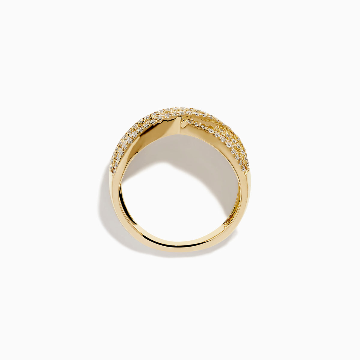 The D'Oro 14K Yellow Gold Diamond Criss Cross Ring showcases wide, polished bands crossed with baguette-cut diamonds and bordered by round diamonds for a dazzling look.