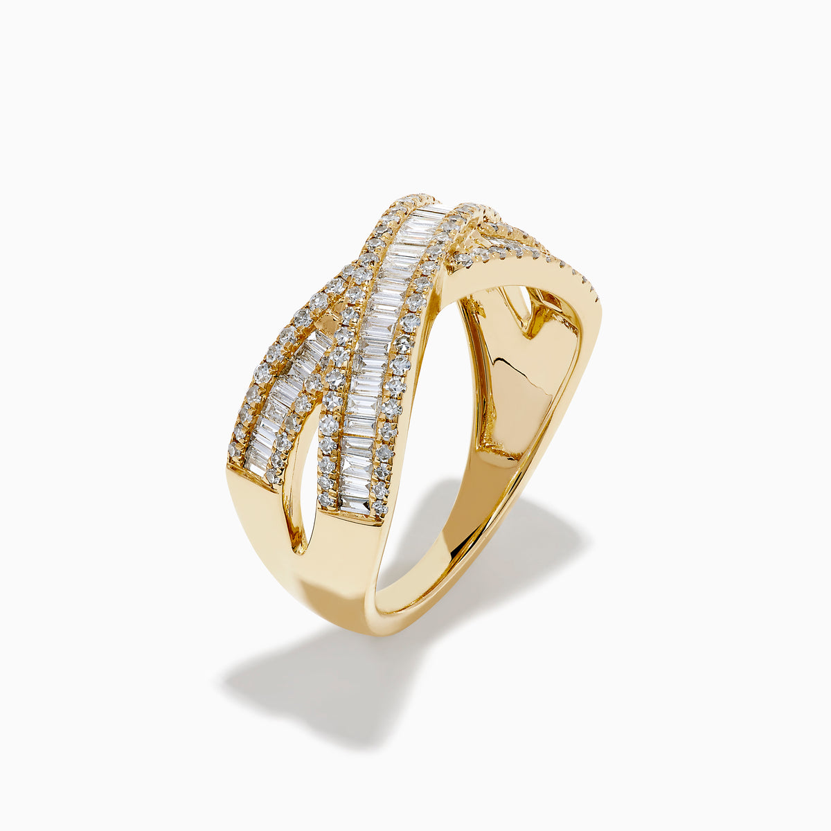 The D'Oro 14K Yellow Gold Diamond Criss Cross Ring showcases wide, polished bands crossed with baguette-cut diamonds and bordered by round diamonds for a dazzling look.