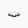 Introducing the Bella Bleu 14K White Gold Blue and White Diamond Ring, featuring a subtle V-shaped design with a row of sparkling white diamonds above blue diamonds set into the band.