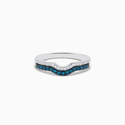Introducing the Bella Bleu 14K White Gold Blue and White Diamond Ring, featuring a subtle V-shaped design with a row of sparkling white diamonds above blue diamonds set into the band.