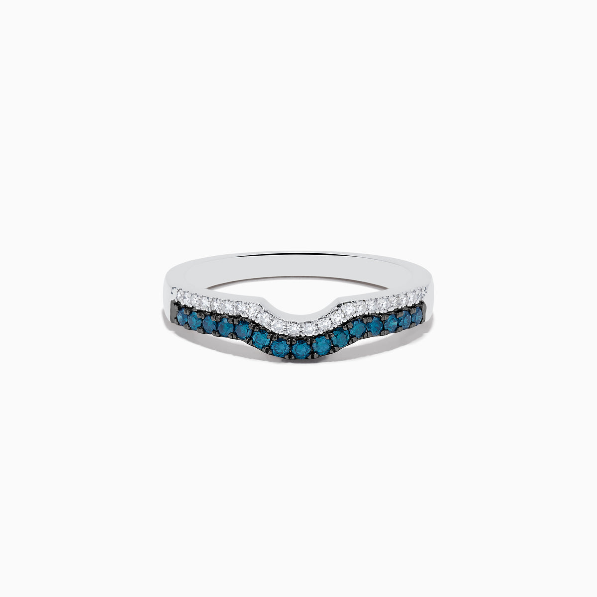 Introducing the Bella Bleu 14K White Gold Blue and White Diamond Ring, featuring a subtle V-shaped design with a row of sparkling white diamonds above blue diamonds set into the band.