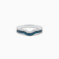 Introducing the Bella Bleu 14K White Gold Blue and White Diamond Ring, featuring a subtle V-shaped design with a row of sparkling white diamonds above blue diamonds set into the band.