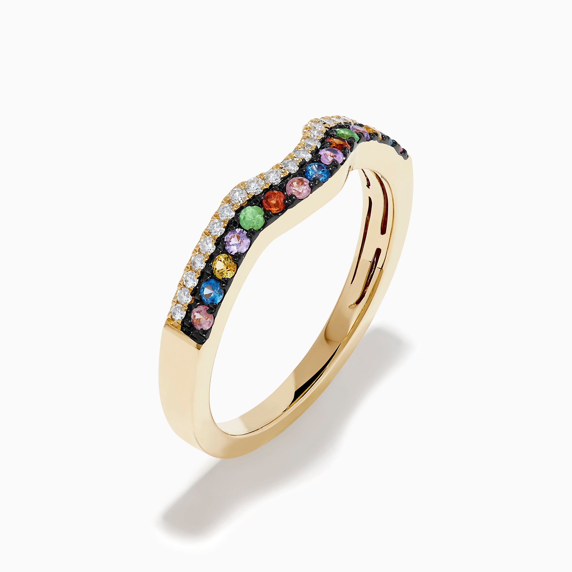 Watercolors 14K Yellow Gold Multi Sapphire and Diamond Curved Pavé Ring