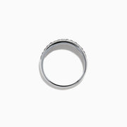 The 14K White Gold Pave Blue Sapphire and Diamond Band features a central row of blue sapphires bordered by sparkling diamonds, displayed on a plain white background.