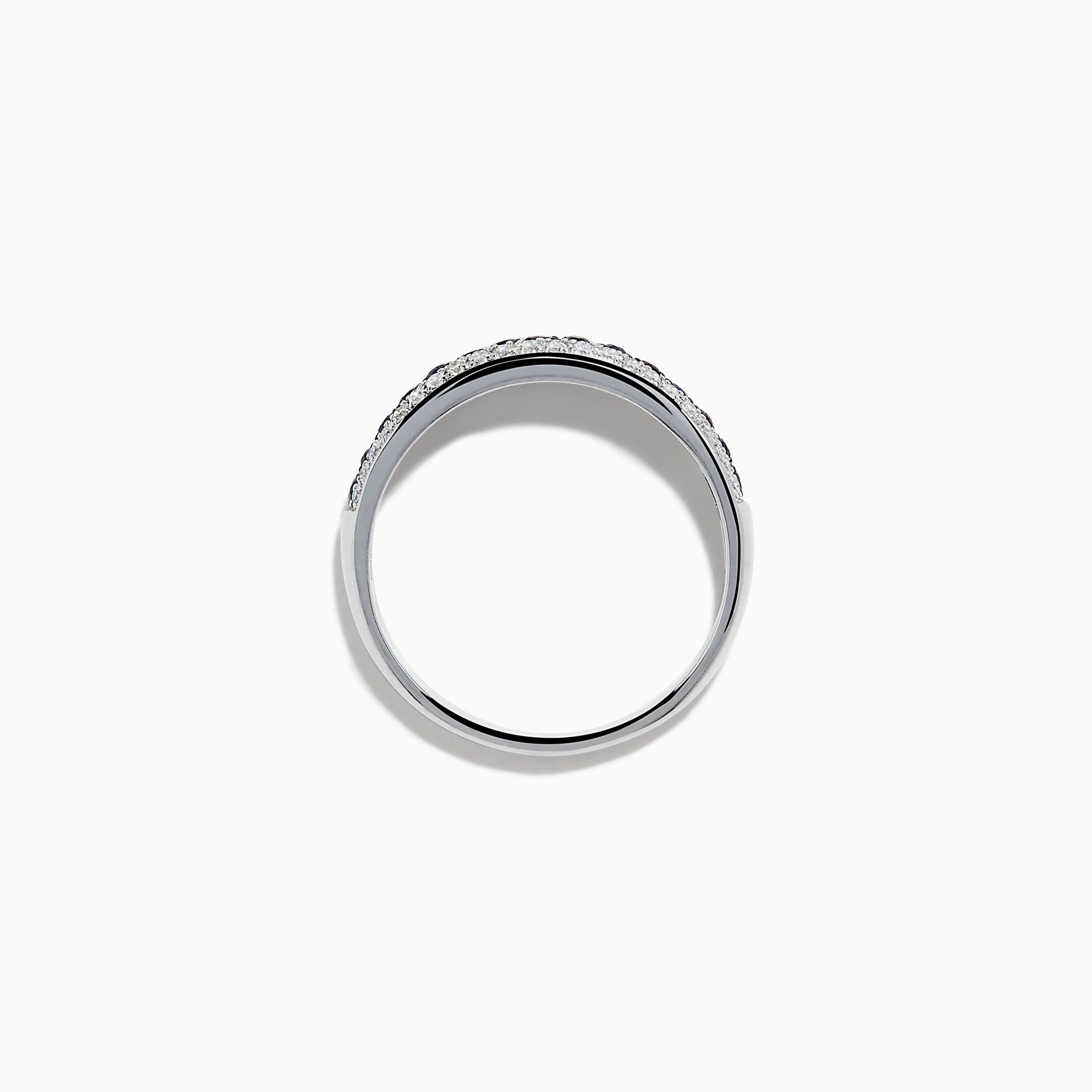 The 14K White Gold Pave Blue Sapphire and Diamond Band features a central row of blue sapphires bordered by sparkling diamonds, displayed on a plain white background.