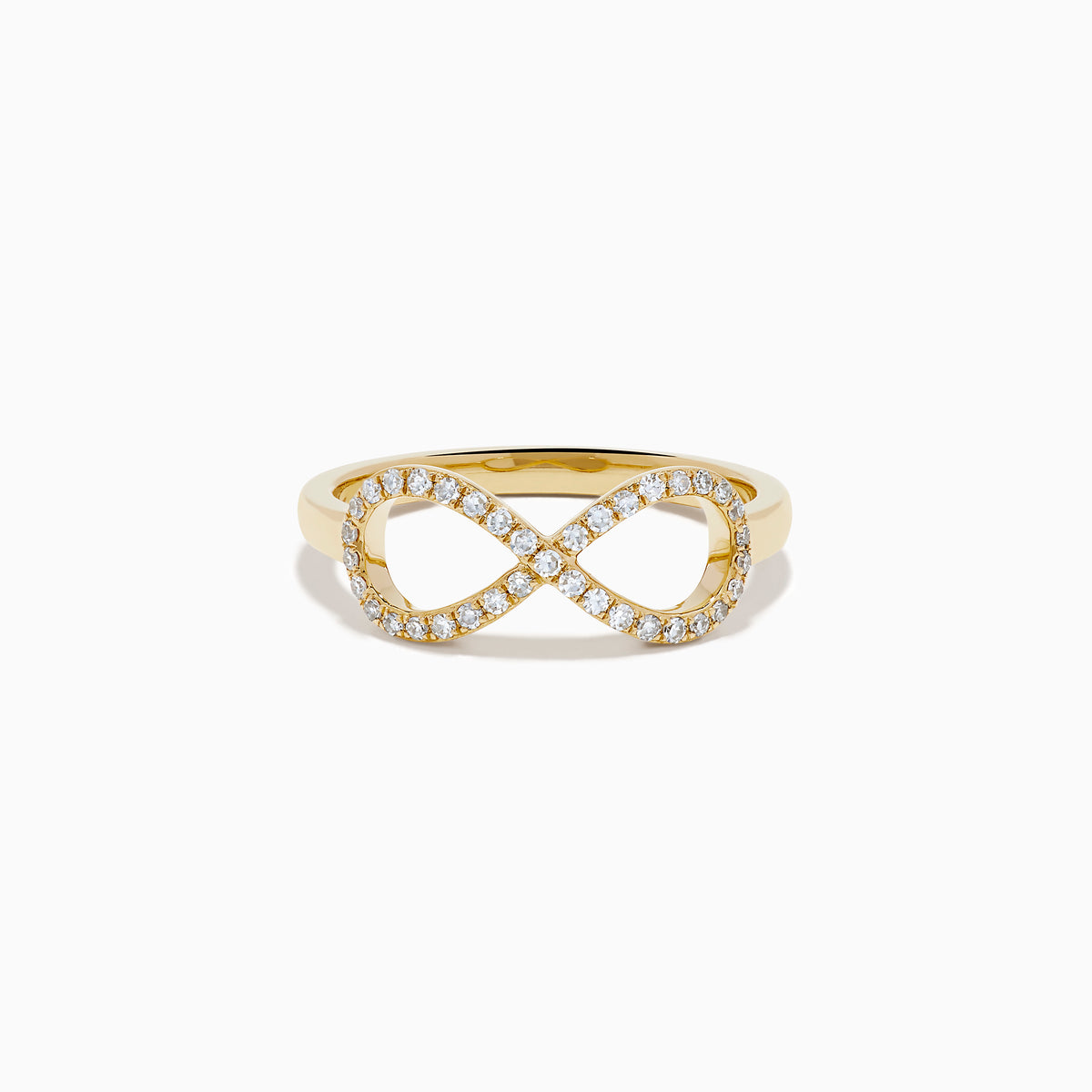 The 14K Yellow Gold Diamond Infinity Pinky Ring features an infinity symbol encrusted with small diamonds, creating a stunning statement piece against a plain white background.
