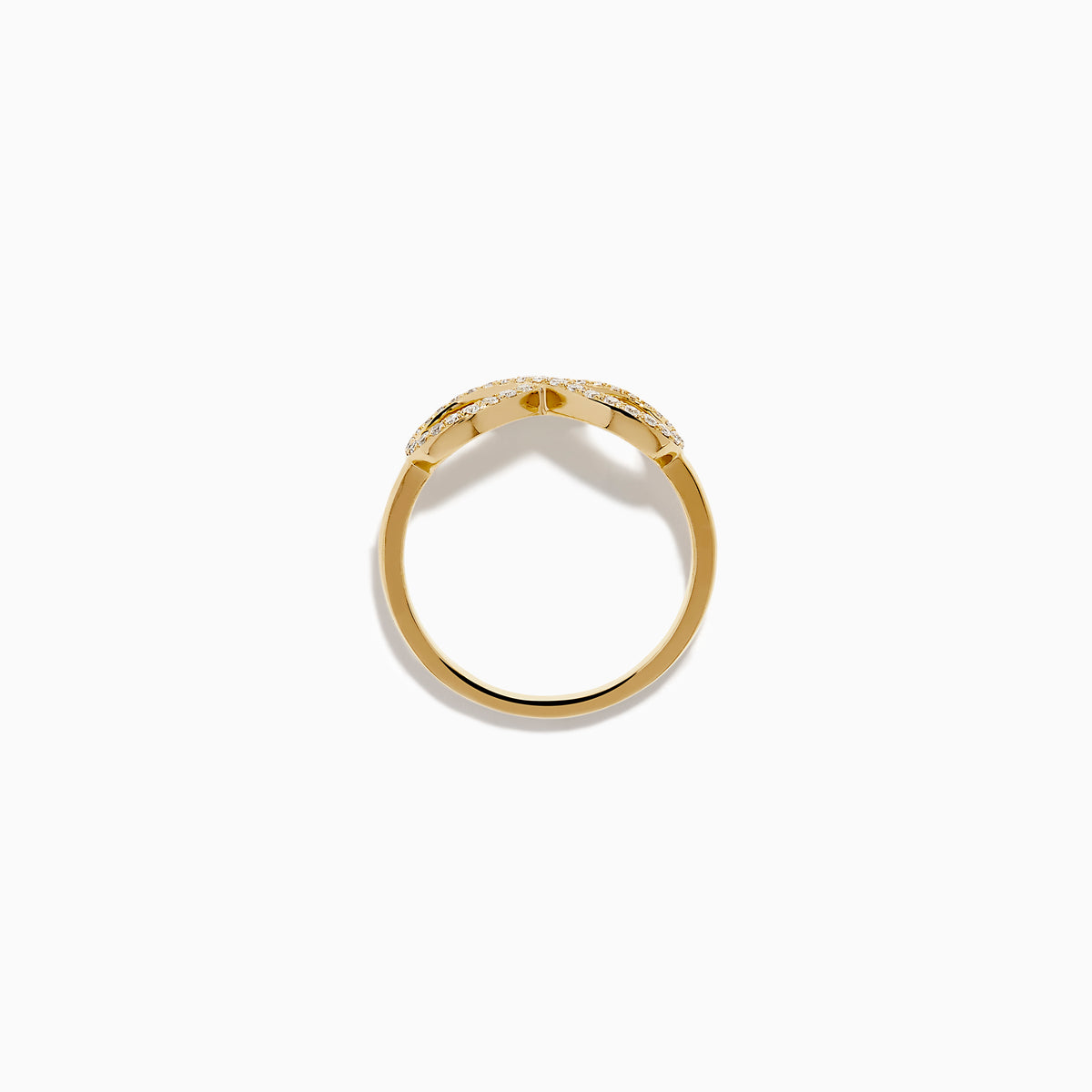 The 14K Yellow Gold Diamond Infinity Pinky Ring features an infinity symbol encrusted with small diamonds, creating a stunning statement piece against a plain white background.