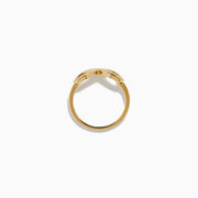 The 14K Yellow Gold Diamond Infinity Pinky Ring features an infinity symbol encrusted with small diamonds, creating a stunning statement piece against a plain white background.