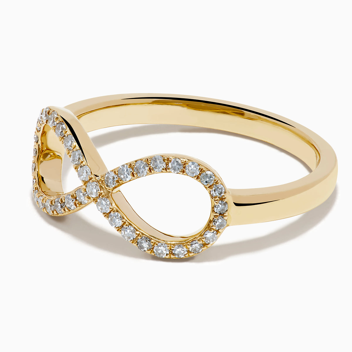The 14K Yellow Gold Diamond Infinity Pinky Ring features an infinity symbol encrusted with small diamonds, creating a stunning statement piece against a plain white background.